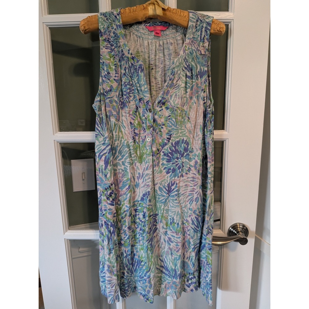 Lilly Pulitzer XL Sleeveless Henley Shift Dress Blue Green Coral Floral Print